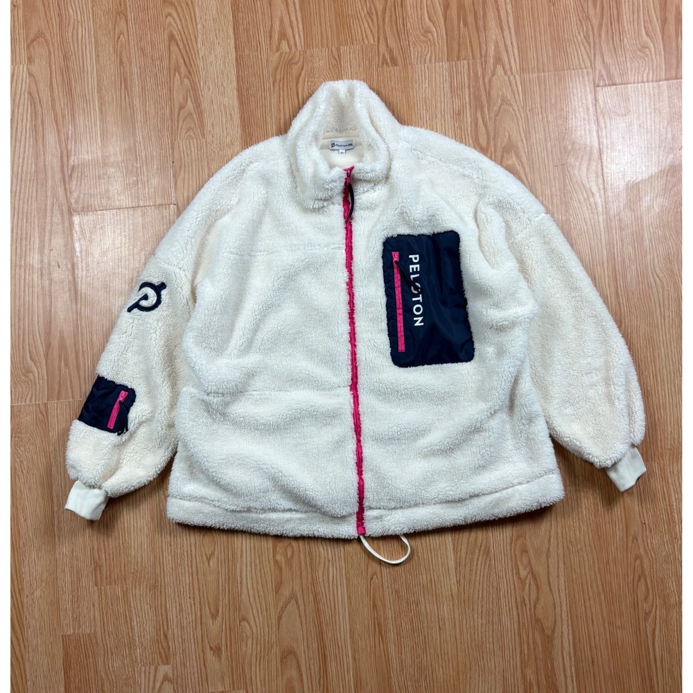 Peloton XXL Cream Sherpa Fleece Full Zip Jacket Pink Accents Navy Pocket Coat